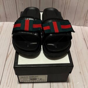 Women’s Black Slides with Green and Red Webbing ribbon